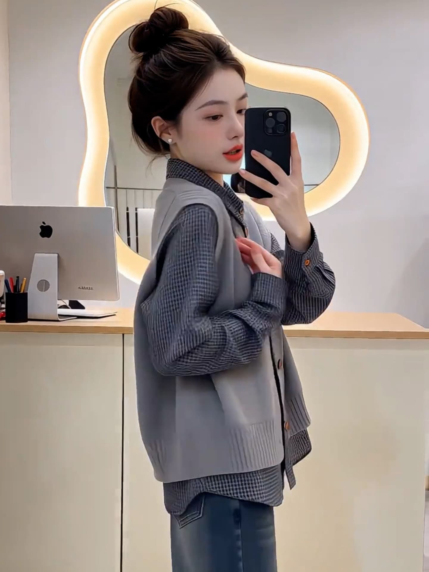 캐주얼 잘 생긴 패션 체크무늬 셔츠 니트 베스트 세트 여성 가을 새로운 스택 착용 스웨터 투피스 조끼 상세 이미지 7