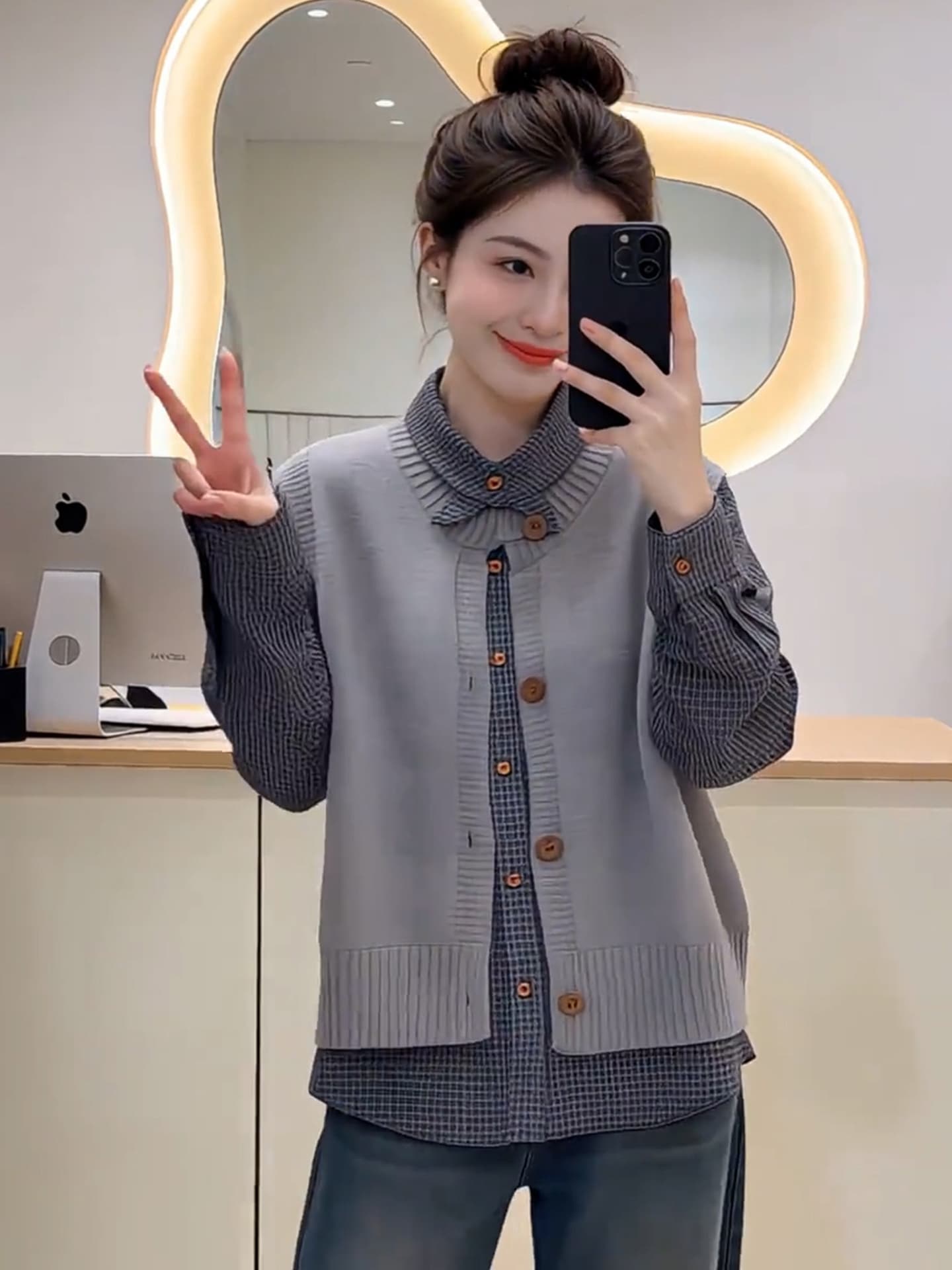 캐주얼 잘 생긴 패션 체크무늬 셔츠 니트 베스트 세트 여성 가을 새로운 스택 착용 스웨터 투피스 조끼 상세 이미지 8