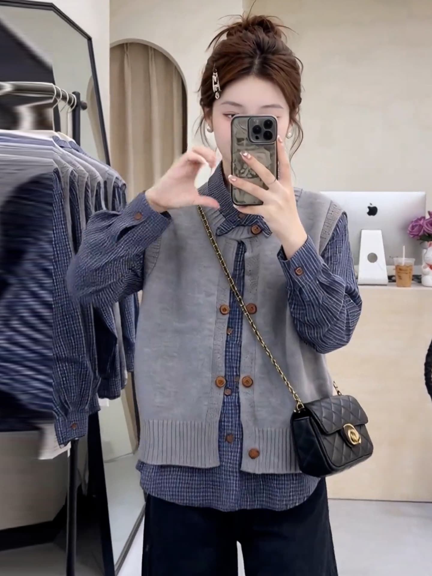 캐주얼 잘 생긴 패션 체크무늬 셔츠 니트 베스트 세트 여성 가을 새로운 스택 착용 스웨터 투피스 조끼 상세 이미지 10