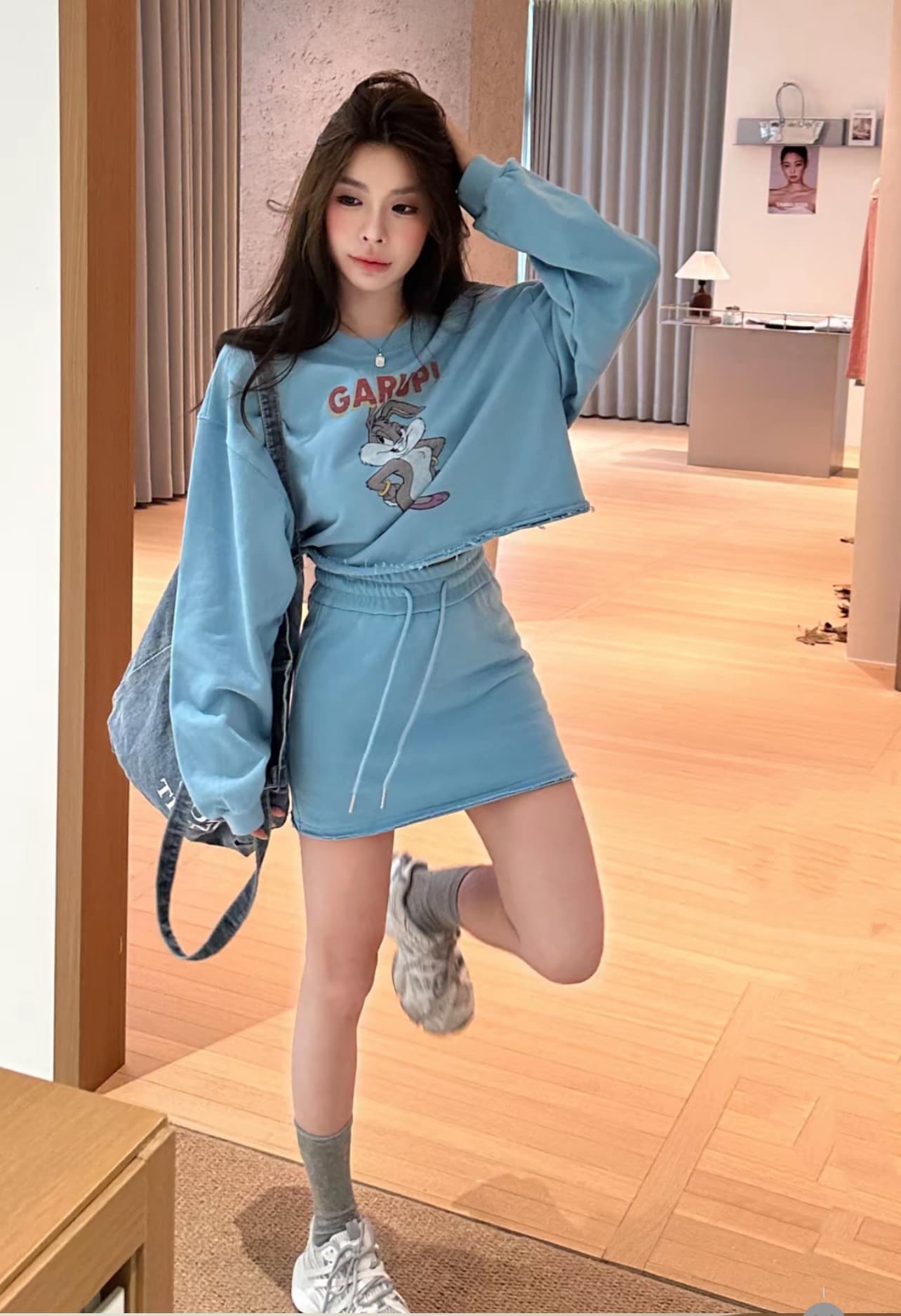 huihui 이른 가을 새로운 만화 패턴 쇼트 스타일 후드티 여성 한 부서 외국 가스 세트