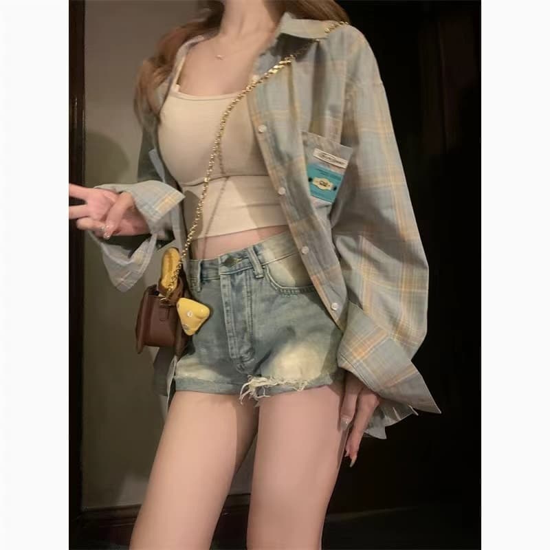 2026 봄 가을 아메리칸 레트로 체크무늬 여성 셔츠 루즈핏 다용도 캐주얼 오픈 가디건 긴팔 폴로 칼라 셔츠 재킷 트렌디 이미지 2
