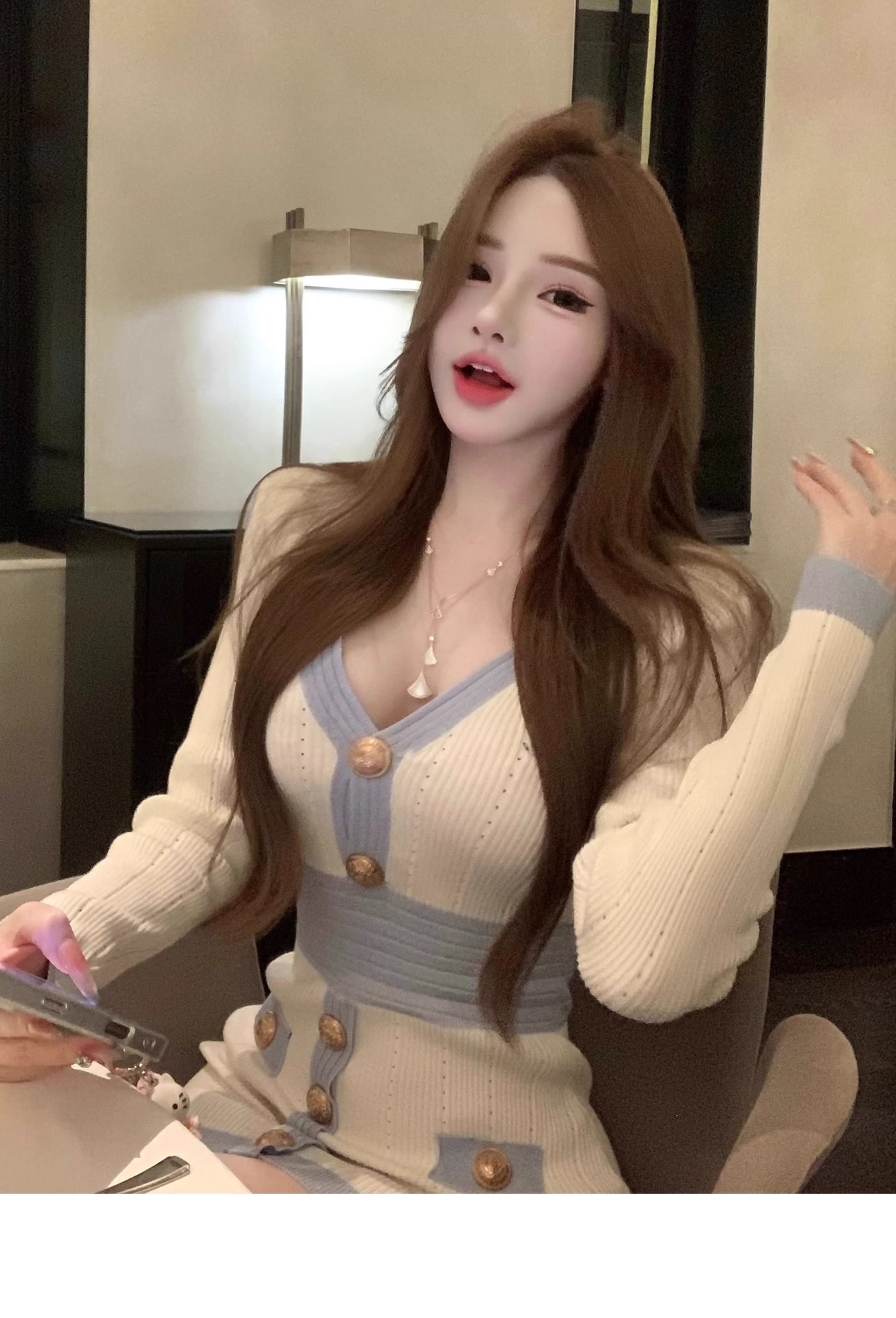 한국 동대문 V넥 니트 스웨터 드레스 Jiao 욕망 천 골드 소녀 심장 기계 달콤한 매운맛 바람 허리 수축 타이트 스커트 상세 이미지 2