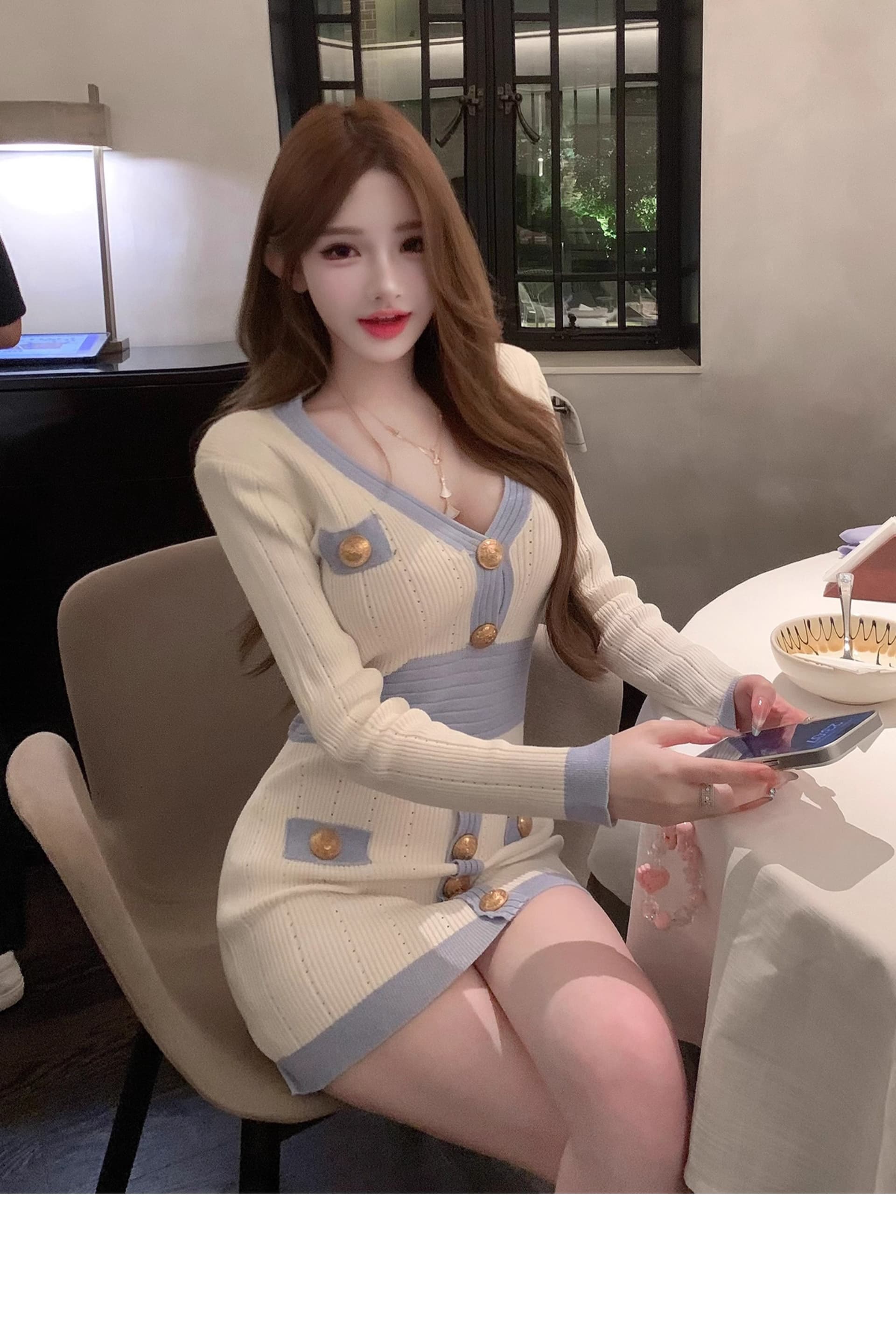 한국 동대문 V넥 니트 스웨터 드레스 Jiao 욕망 천 골드 소녀 심장 기계 달콤한 매운맛 바람 허리 수축 타이트 스커트 상세 이미지 4