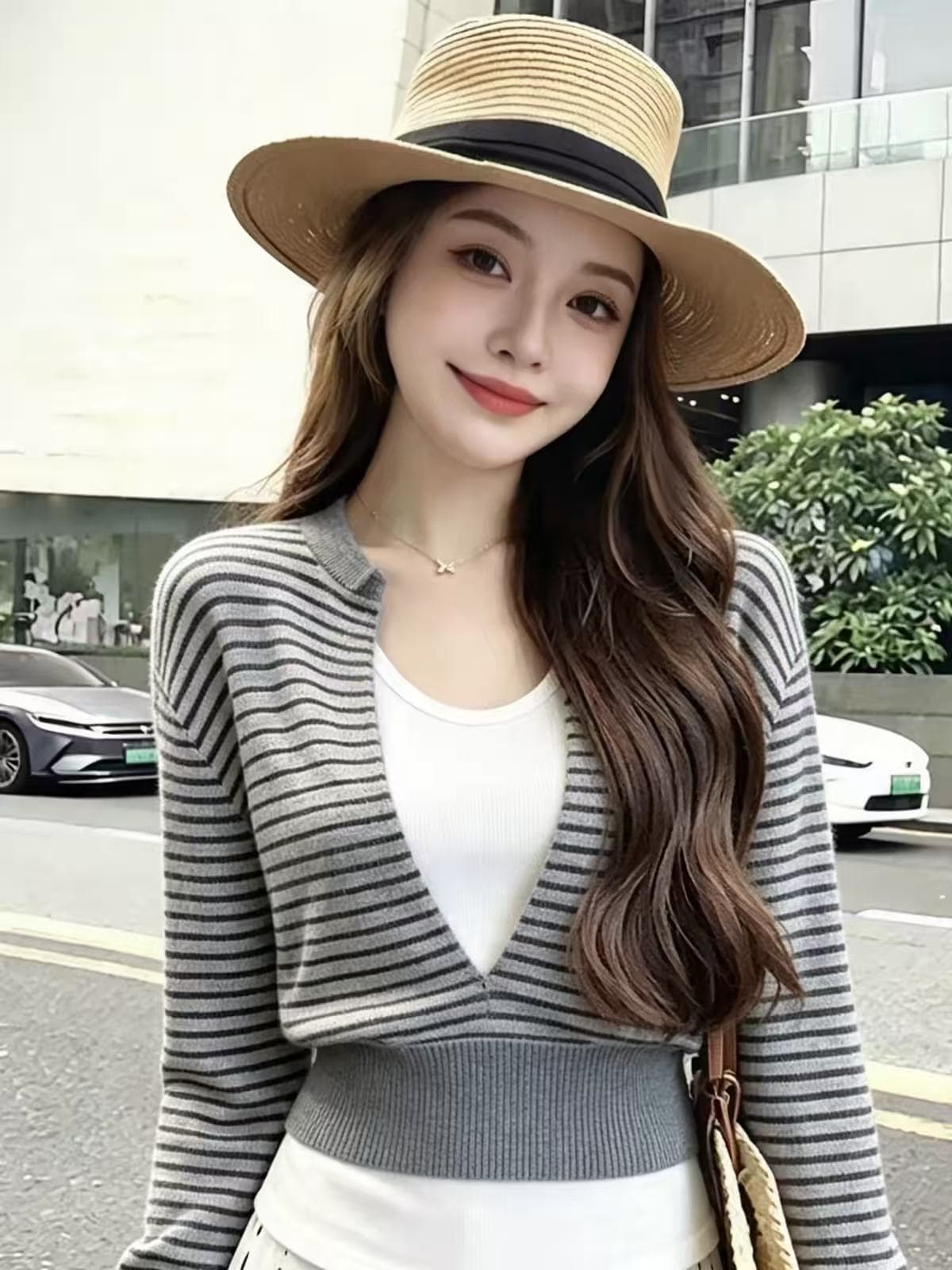 품격 고급 센스 페이크 레이어드 V넥 스트라이프 니트 스웨터 여성 2026 가을 새로운 다용도 슬림해 보이는 연령 감소 맨위 이미지 3