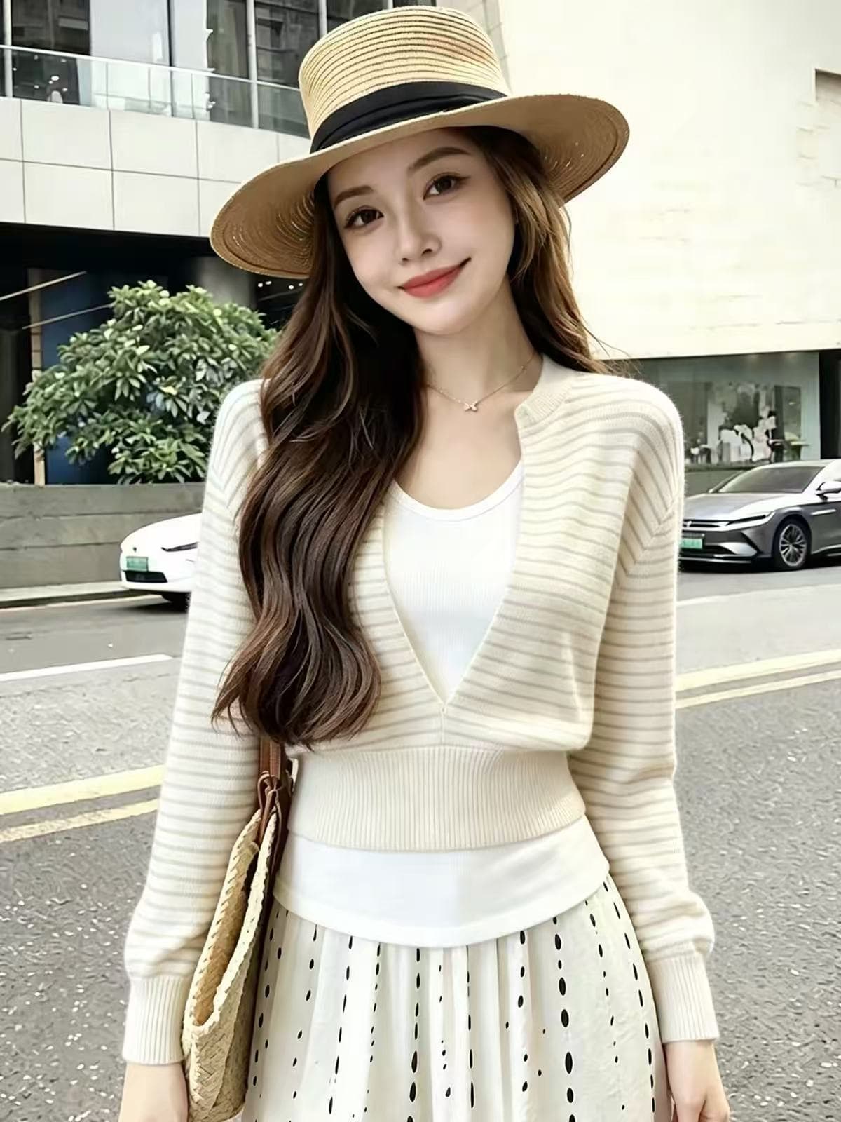 품격 고급 센스 페이크 레이어드 V넥 스트라이프 니트 스웨터 여성 2026 가을 새로운 다용도 슬림해 보이는 연령 감소 맨위 상세 이미지 2