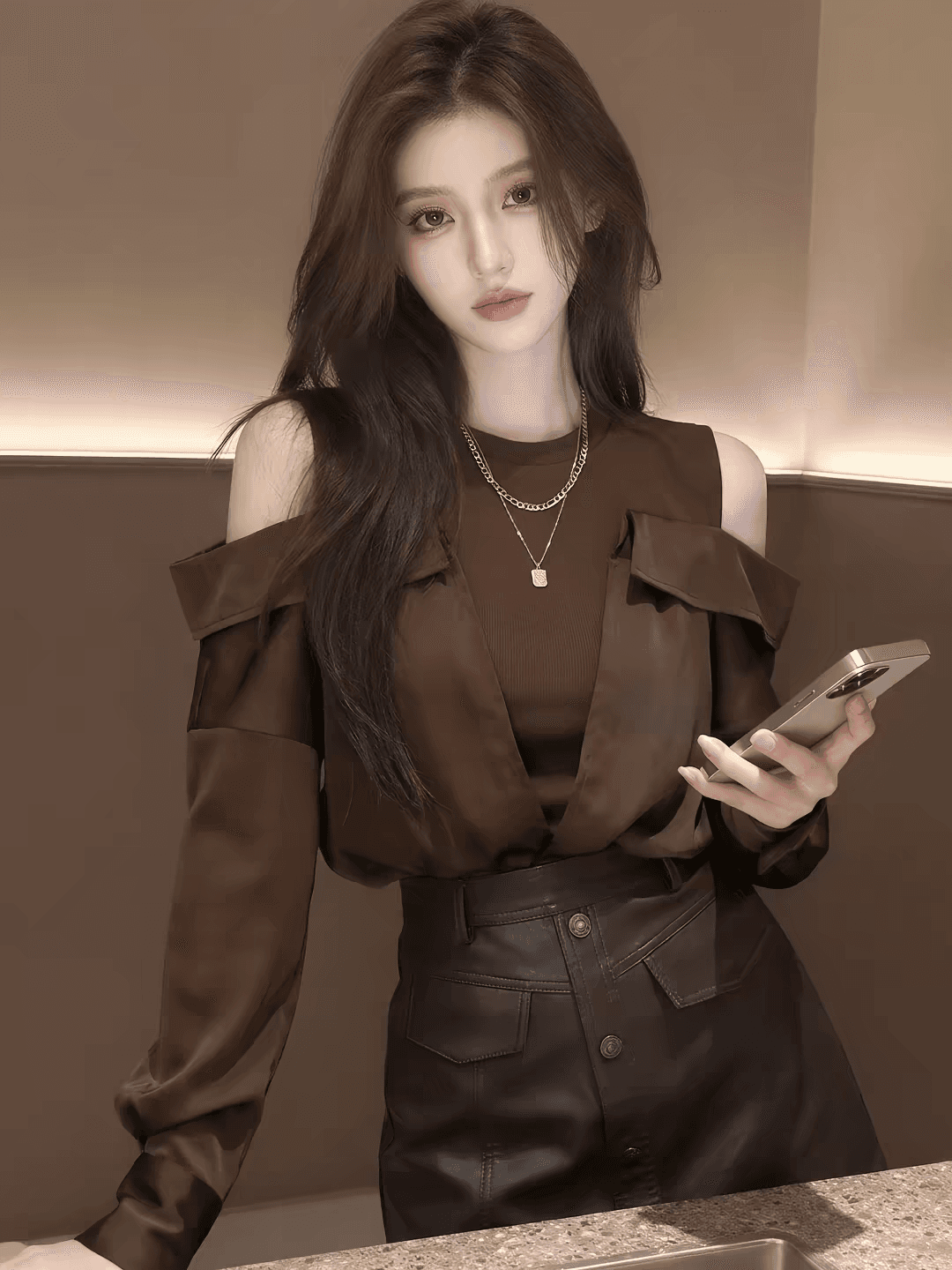 2026 가을 새로운 한 부서 패션 오프숄더 긴팔 맨위 여성 브라운 슬림해 보이는 품격 디자인 센스 패션 패치워크
