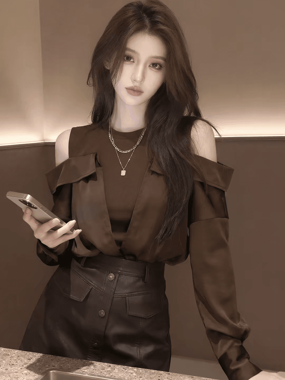2026 가을 새로운 한 부서 패션 오프숄더 긴팔 맨위 여성 브라운 슬림해 보이는 품격 디자인 센스 패션 패치워크 이미지 4