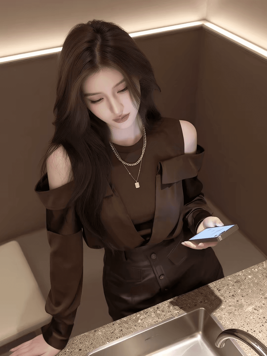 2026 가을 새로운 한 부서 패션 오프숄더 긴팔 맨위 여성 브라운 슬림해 보이는 품격 디자인 센스 패션 패치워크 상세 이미지 5