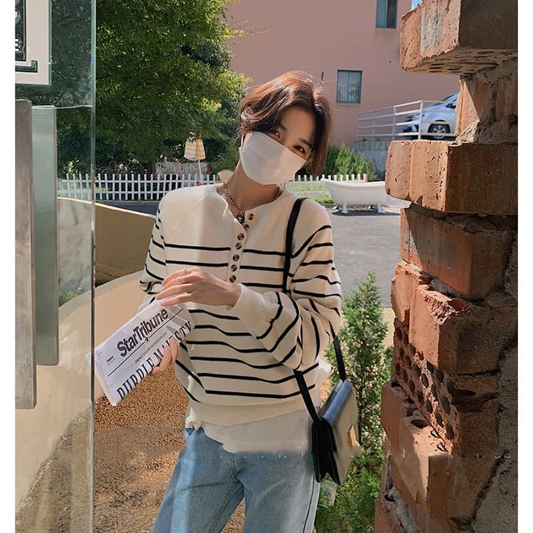 일본식 스트라이프 스웨터 여자 루즈핏 외출용 느긋한 바람 디자인 센스 작은 대중 맨위 봄 가을 니트 스웨터 상세 이미지 1