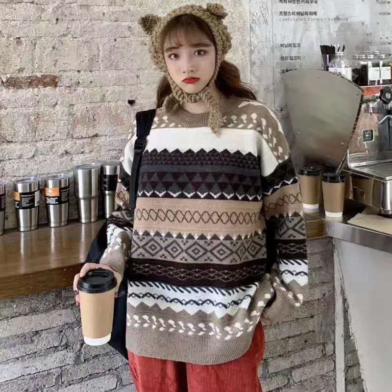 라운드 넥 풀오버 스웨터 여자 가을 겨울 새로운 한국 스타일 루즈핏 외출용 레트로 홍콩 느낌 긴팔 재킷 ins 트렌디 상세 이미지 2