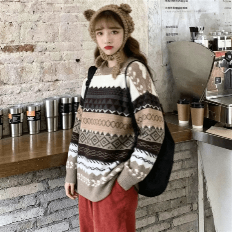 라운드 넥 풀오버 스웨터 여자 가을 겨울 새로운 한국 스타일 루즈핏 외출용 레트로 홍콩 느낌 긴팔 재킷 ins 트렌디 상세 이미지 3