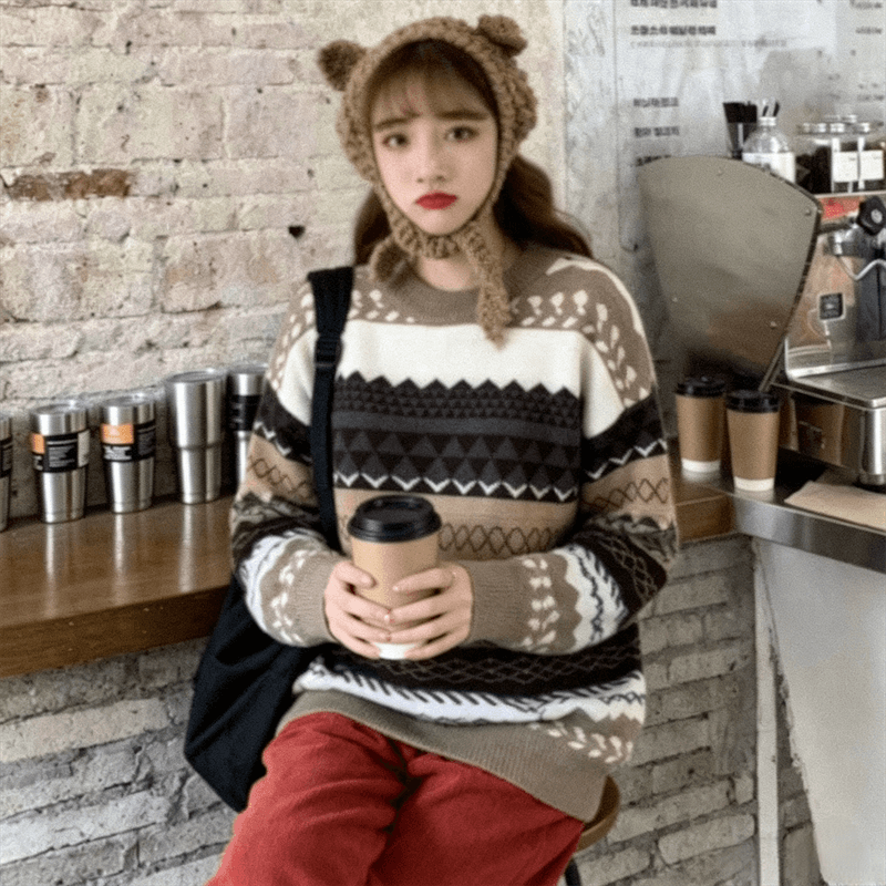 라운드 넥 풀오버 스웨터 여자 가을 겨울 새로운 한국 스타일 루즈핏 외출용 레트로 홍콩 느낌 긴팔 재킷 ins 트렌디 상세 이미지 4