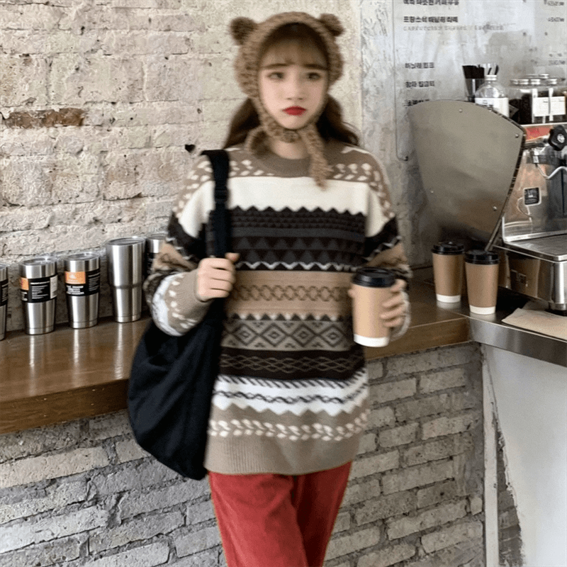 라운드 넥 풀오버 스웨터 여자 가을 겨울 새로운 한국 스타일 루즈핏 외출용 레트로 홍콩 느낌 긴팔 재킷 ins 트렌디 상세 이미지 5