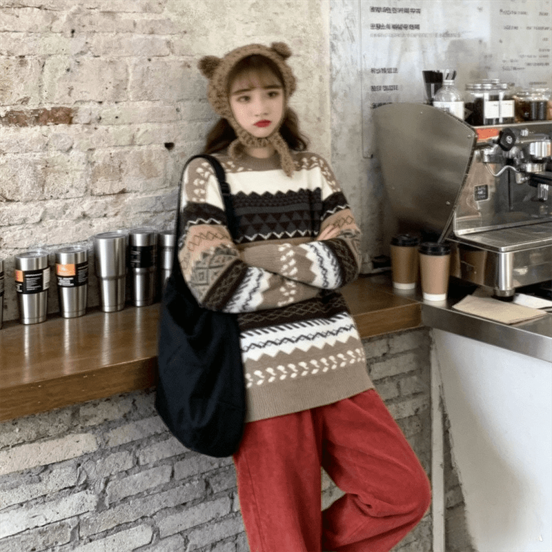 라운드 넥 풀오버 스웨터 여자 가을 겨울 새로운 한국 스타일 루즈핏 외출용 레트로 홍콩 느낌 긴팔 재킷 ins 트렌디 상세 이미지 6
