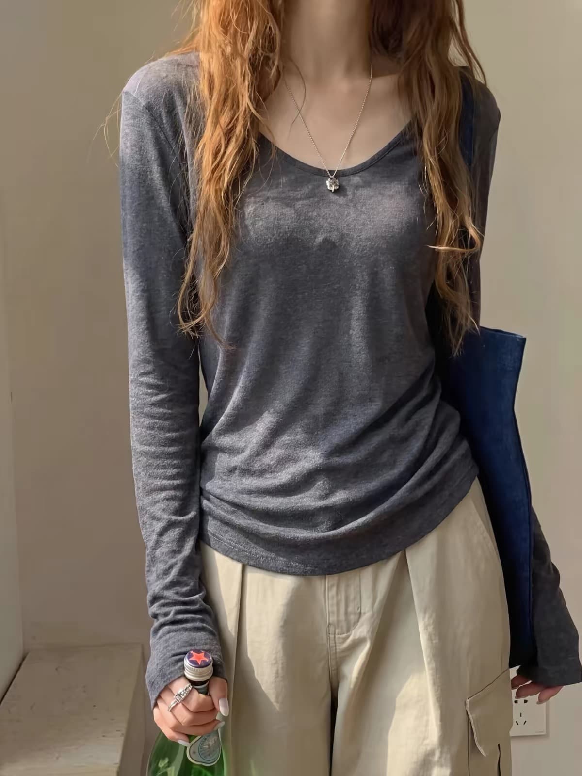 한 부서 오래된 돈 바람 긍정적 인 어깨 u 칼라 긴팔 티셔츠 여성 이른 가을 빛 사람들 착용 가져 가라. 느긋한 루즈핏 캐주얼 종이 사람들 맨위 상세 이미지 3