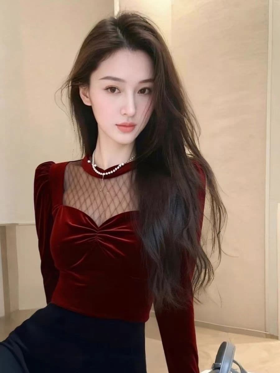 새로운 봄 가을 품격 명문 여성 셔츠 프랑스식 작은 포즈 고급 센스 빛 럭셔리 아름다운 빨간색 벨벳 맨위 여성 상세 이미지 3