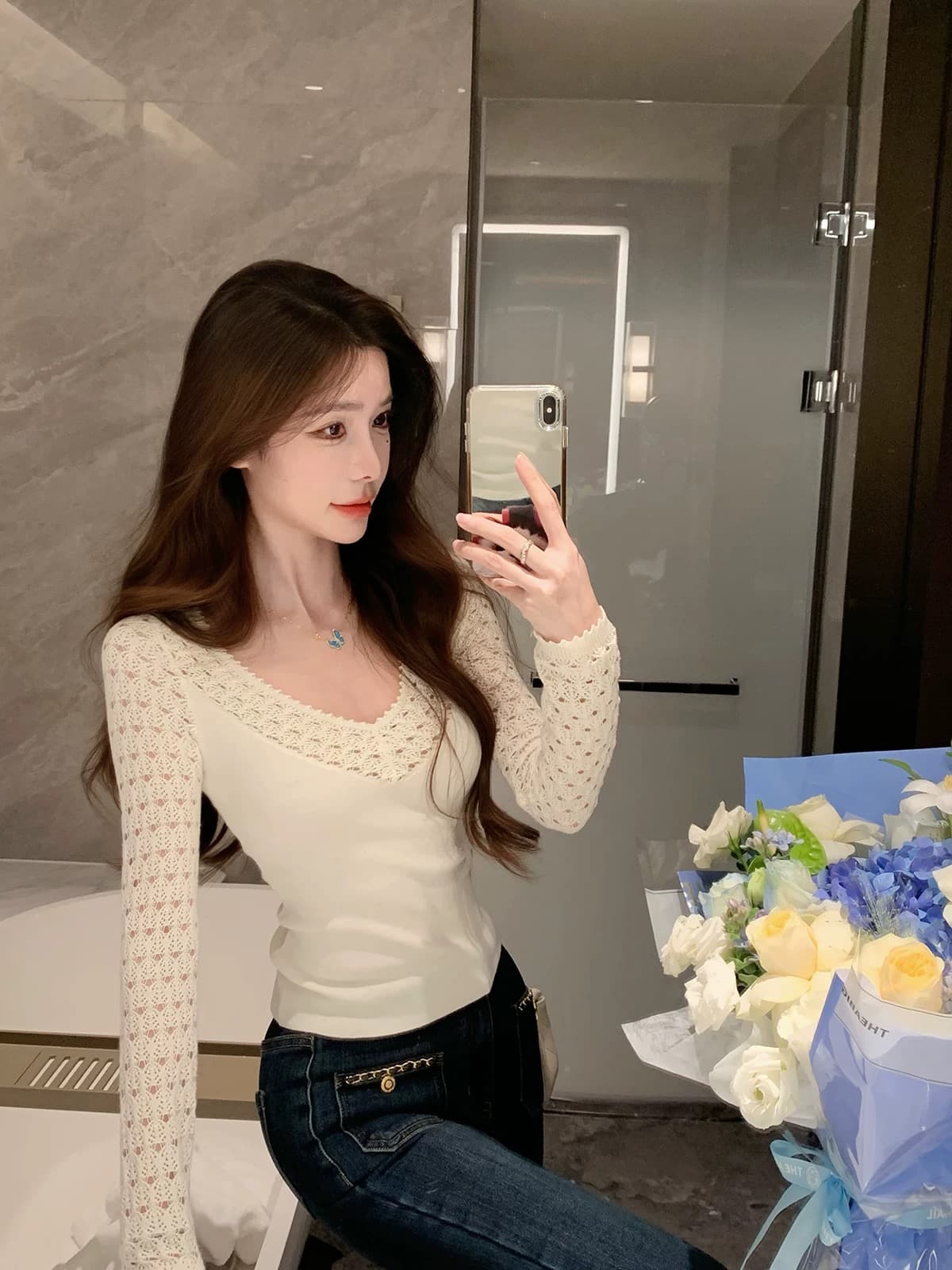justqin 하트 비트 기호 2026 새로운 봄 드레스 섹시함 레이스 스웨터 몸매 가꾸기 니트 기본 셔츠 여성 상세 이미지 3