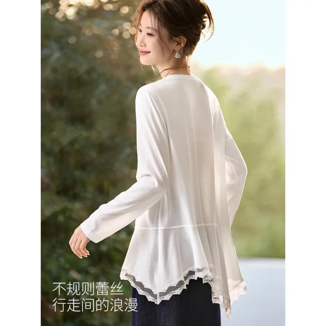 산소 레이스 블라우스 티셔츠 26 봄 라운드 넥 불규칙 밑단 스택 착용 랩스커트팬츠 티셔츠 상세 이미지 4