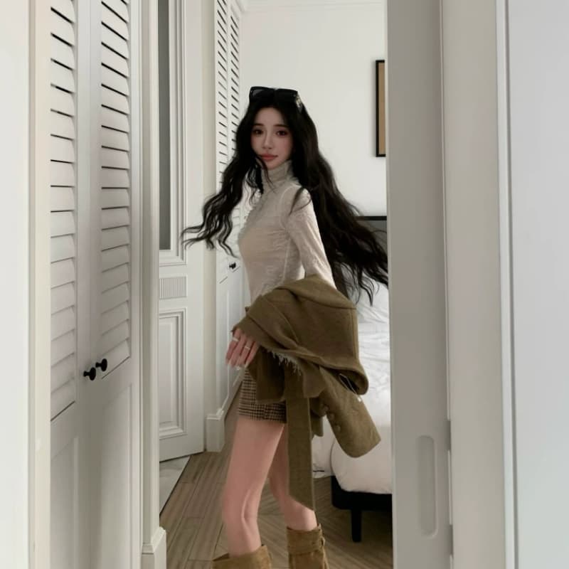 barb chill 베이지 색 터틀넥 레이스 셔츠 여성 겨울 디자인 센스 나팔 소매 니트 만나는 맨위 이미지 2