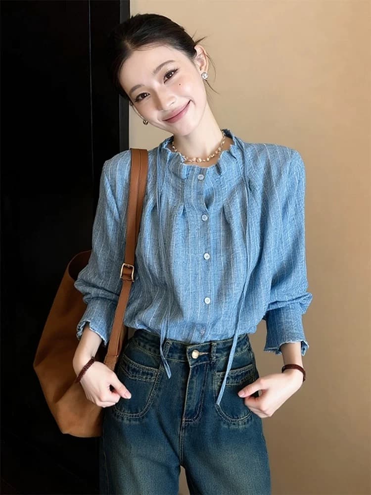 셔츠 여자 새로운 폭발 가을 겨울철 프랑스식 루즈핏 라운드 넥 레이크 블루 색상 셔츠 품격 긴팔 맨위 이미지 4