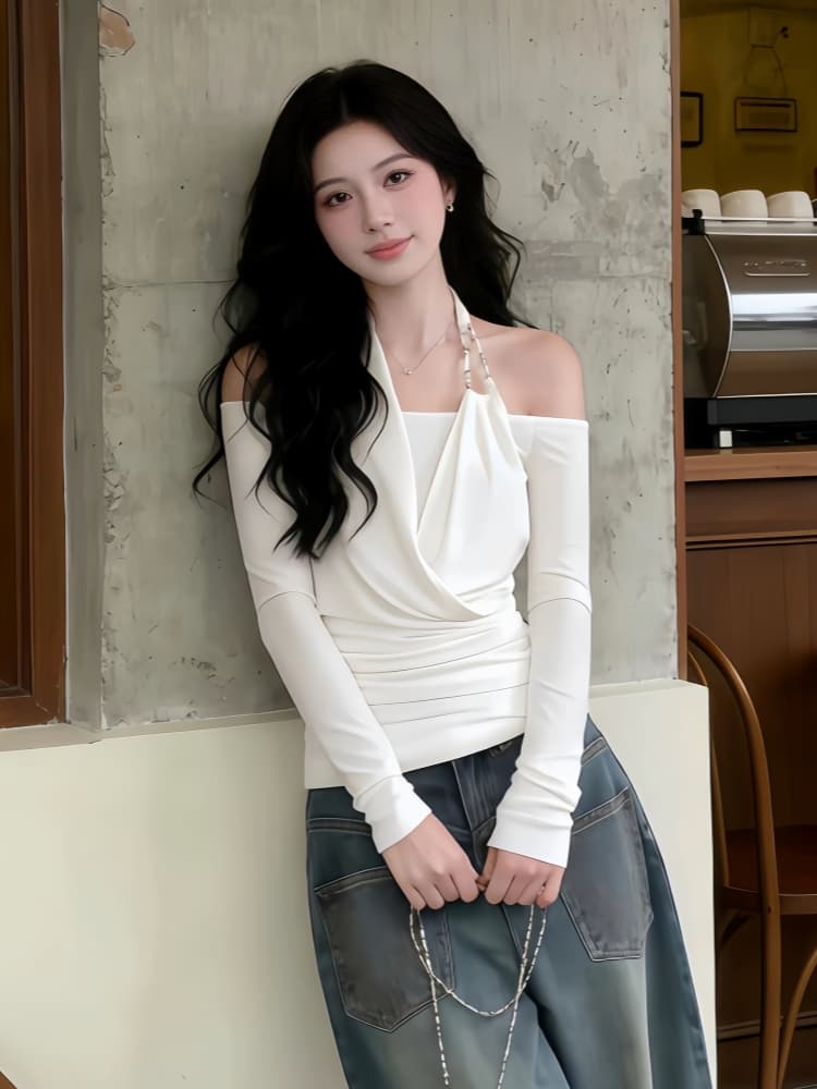 2026 봄 핫걸 착용 가져 가라. 화이트 페이크 레이어드 흔들다 칼라 패치워크 긴팔 쉬폰 블라우스 아름다운 그레이트 봐 의류 상세 이미지 3