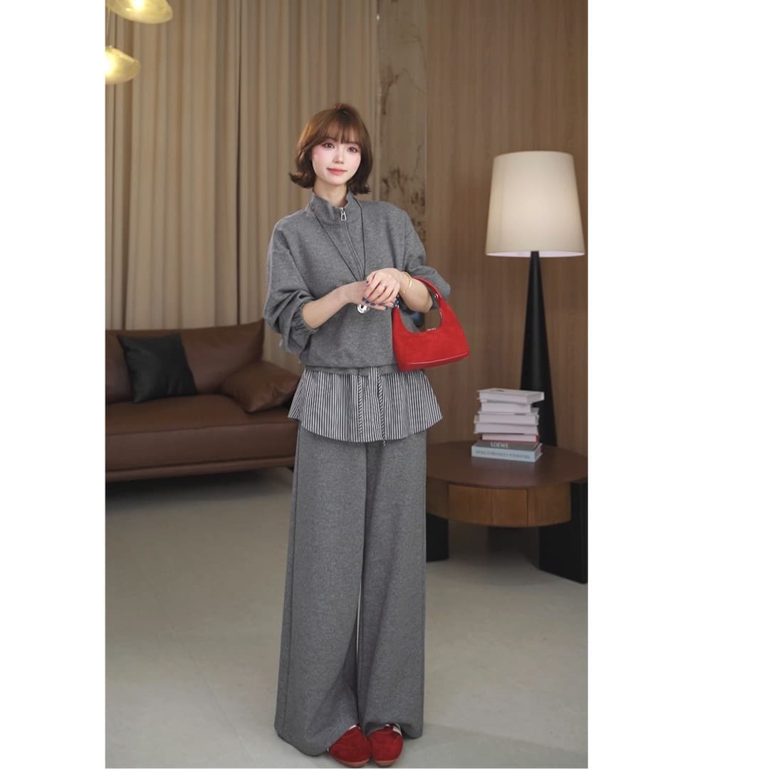 웨이 웨이 유 하프 지퍼 후드티 품격 연령 감소 스트라이프 랩스커트팬츠 넓은 다리 캐주얼 바지 투피스 세트 이미지 2