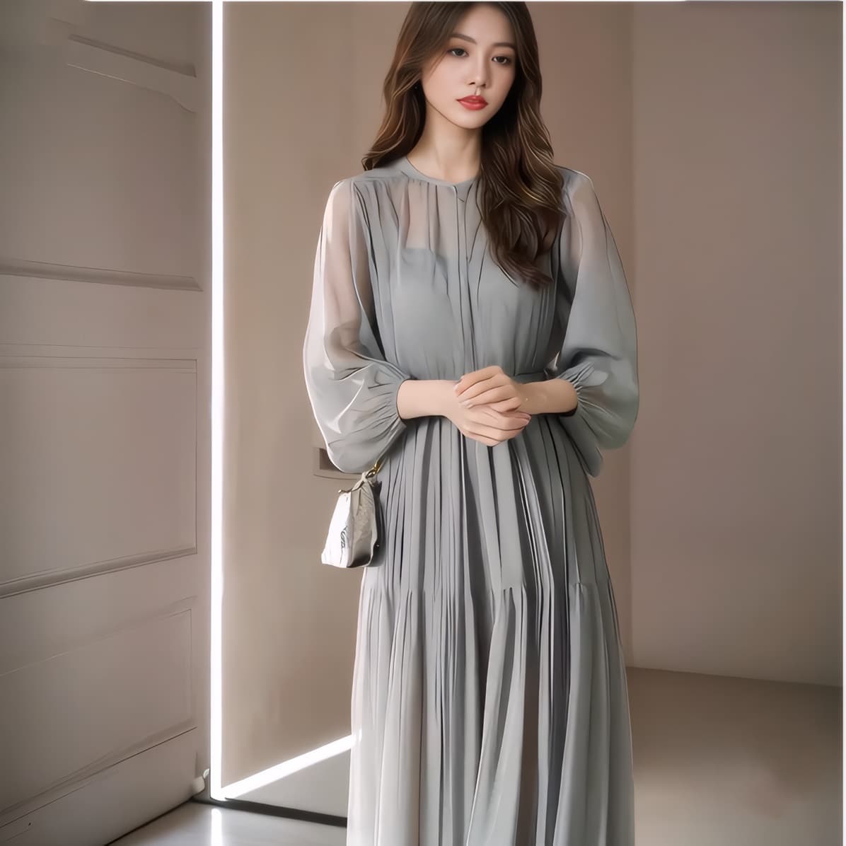 2026 봄 패션 품격 고급 절묘한 여신 팬 슈퍼 잘 생긴 회색 녹색 쉬폰 드레스 이미지 4