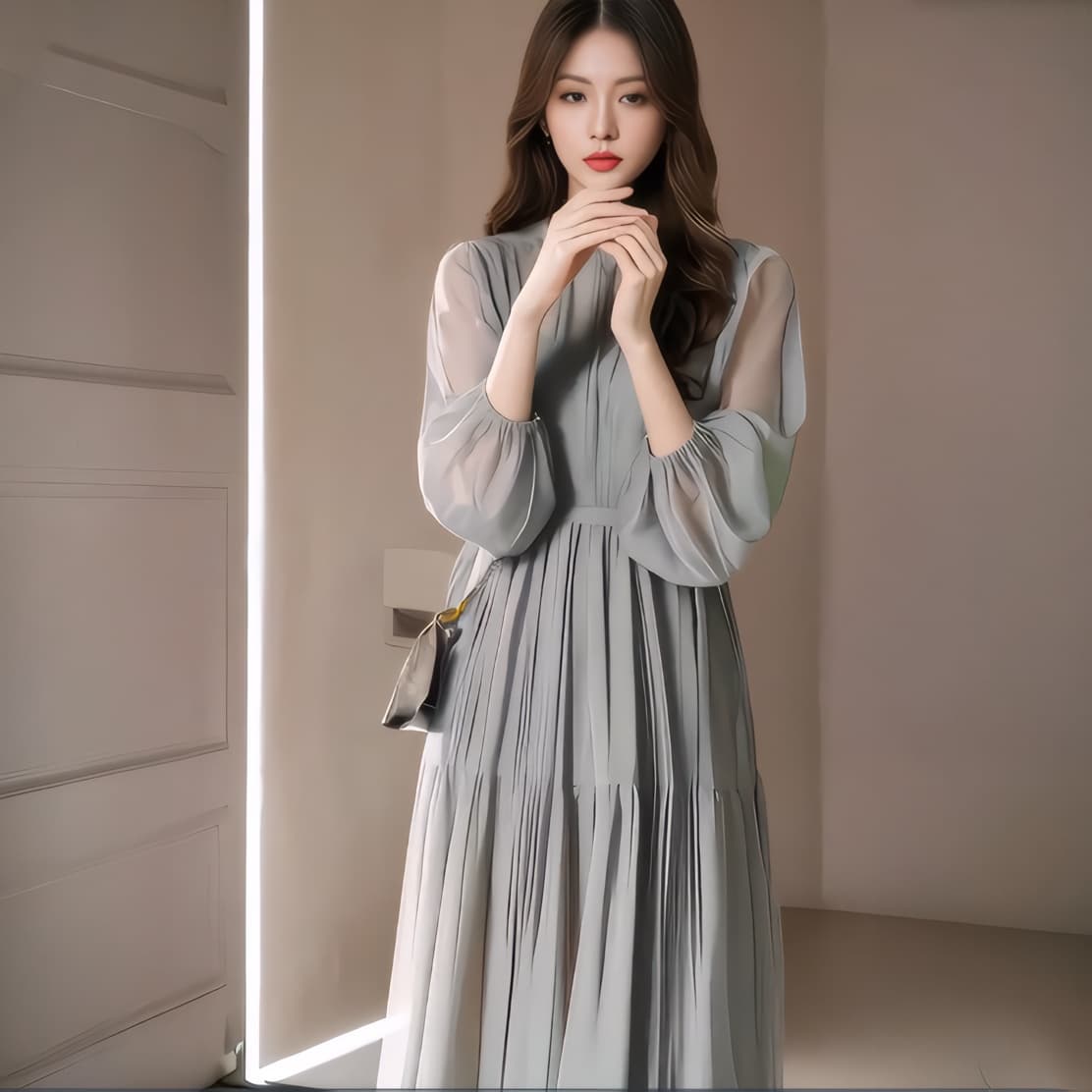 2026 봄 패션 품격 고급 절묘한 여신 팬 슈퍼 잘 생긴 회색 녹색 쉬폰 드레스 상세 이미지 5