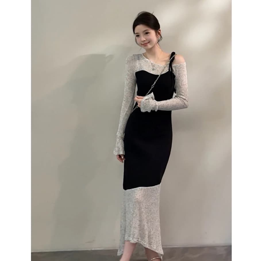 노래 송 봄 새로운 패치워크 색상 불규칙 페이크 레이어드 나팔 소매 니트 중간 길이 드레스 상세 이미지 3