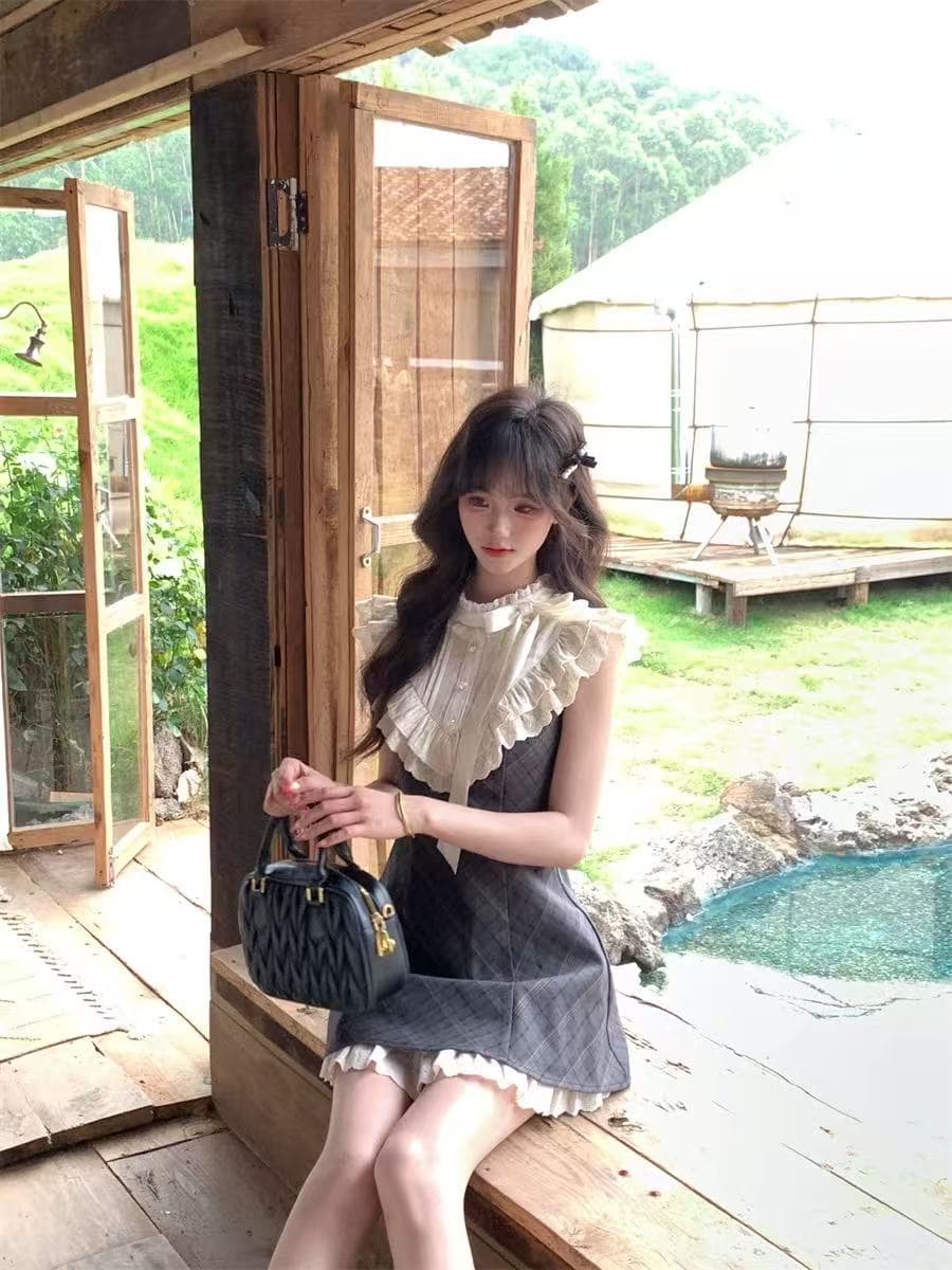 기타 한 작은 물고기 특히 리 소녀 프랑스식 레트로 체크무늬 드레스 레이스 조각 천 골드 센스 민소매 미니 스커트