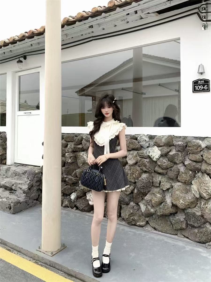 기타 한 작은 물고기 특히 리 소녀 프랑스식 레트로 체크무늬 드레스 레이스 조각 천 골드 센스 민소매 미니 스커트 이미지 2