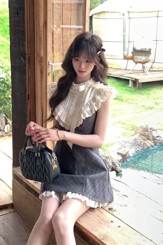 기타 한 작은 물고기 특히 리 소녀 프랑스식 레트로 체크무늬 드레스 레이스 조각 천 골드 센스 민소매 미니 스커트 이미지 6