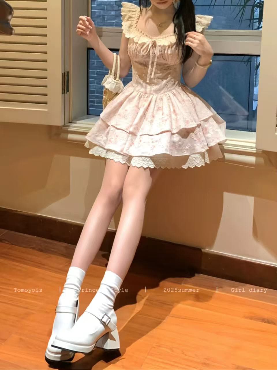 tomoyois 알고있다. 세계 오리지널 사쿠라 제직 플라워 링 달콤함 작은 날다 소매 부드러운 꽃무늬 허리 수축 점프 슈트 미니 스커트 상세 이미지 5
