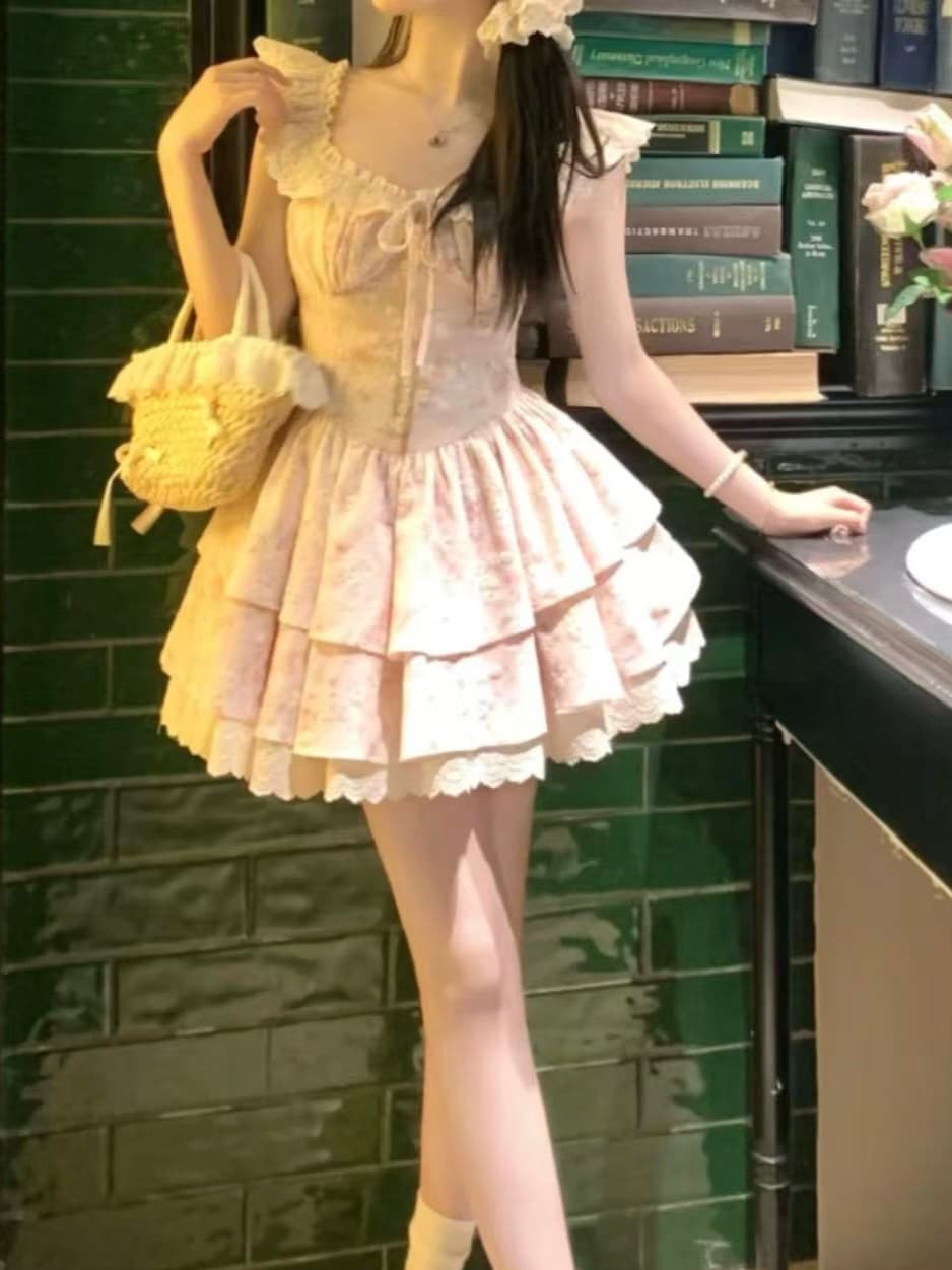 tomoyois 알고있다. 세계 오리지널 사쿠라 제직 플라워 링 달콤함 작은 날다 소매 부드러운 꽃무늬 허리 수축 점프 슈트 미니 스커트 상세 이미지 6