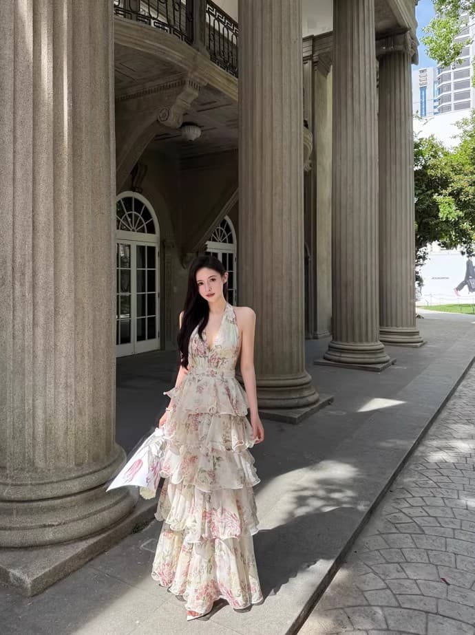 for fay 이슬 장미 정원 프랑스식 휴가 바람 프린트 행침 목 쉬폰 케이크 롱 스커트 여성 V넥 드레스 상세 이미지 6