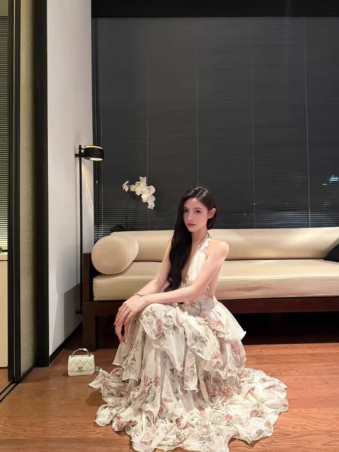 for fay 이슬 장미 정원 프랑스식 휴가 바람 프린트 행침 목 쉬폰 케이크 롱 스커트 여성 V넥 드레스 상세 이미지 13