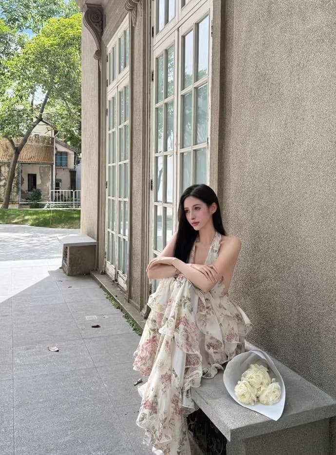for fay 이슬 장미 정원 프랑스식 휴가 바람 프린트 행침 목 쉬폰 케이크 롱 스커트 여성 V넥 드레스 상세 이미지 14
