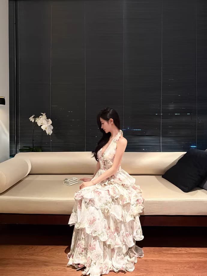for fay 이슬 장미 정원 프랑스식 휴가 바람 프린트 행침 목 쉬폰 케이크 롱 스커트 여성 V넥 드레스 상세 이미지 17