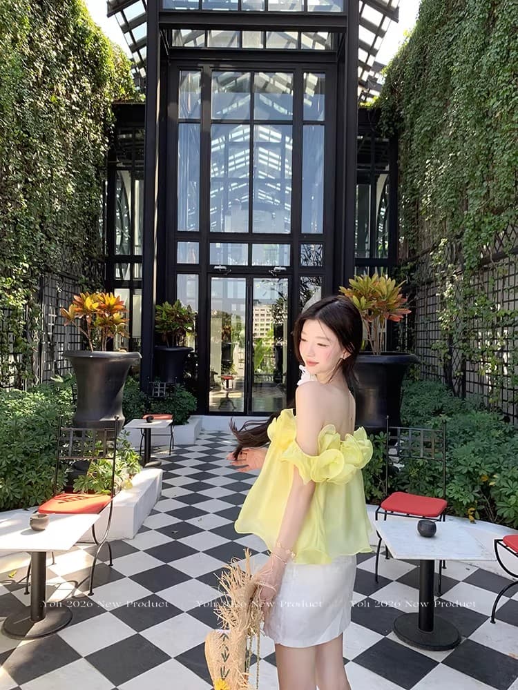 yoli 장 宥 이익 여름 편지 황색 프릴 시폰 셔츠 여성 봄 미니멀리즘 루즈핏 슬림해 보이는 오프숄더 맨위 상세 이미지 4