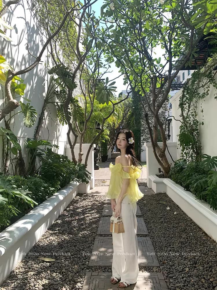yoli 장 宥 이익 여름 편지 황색 프릴 시폰 셔츠 여성 봄 미니멀리즘 루즈핏 슬림해 보이는 오프숄더 맨위 상세 이미지 13