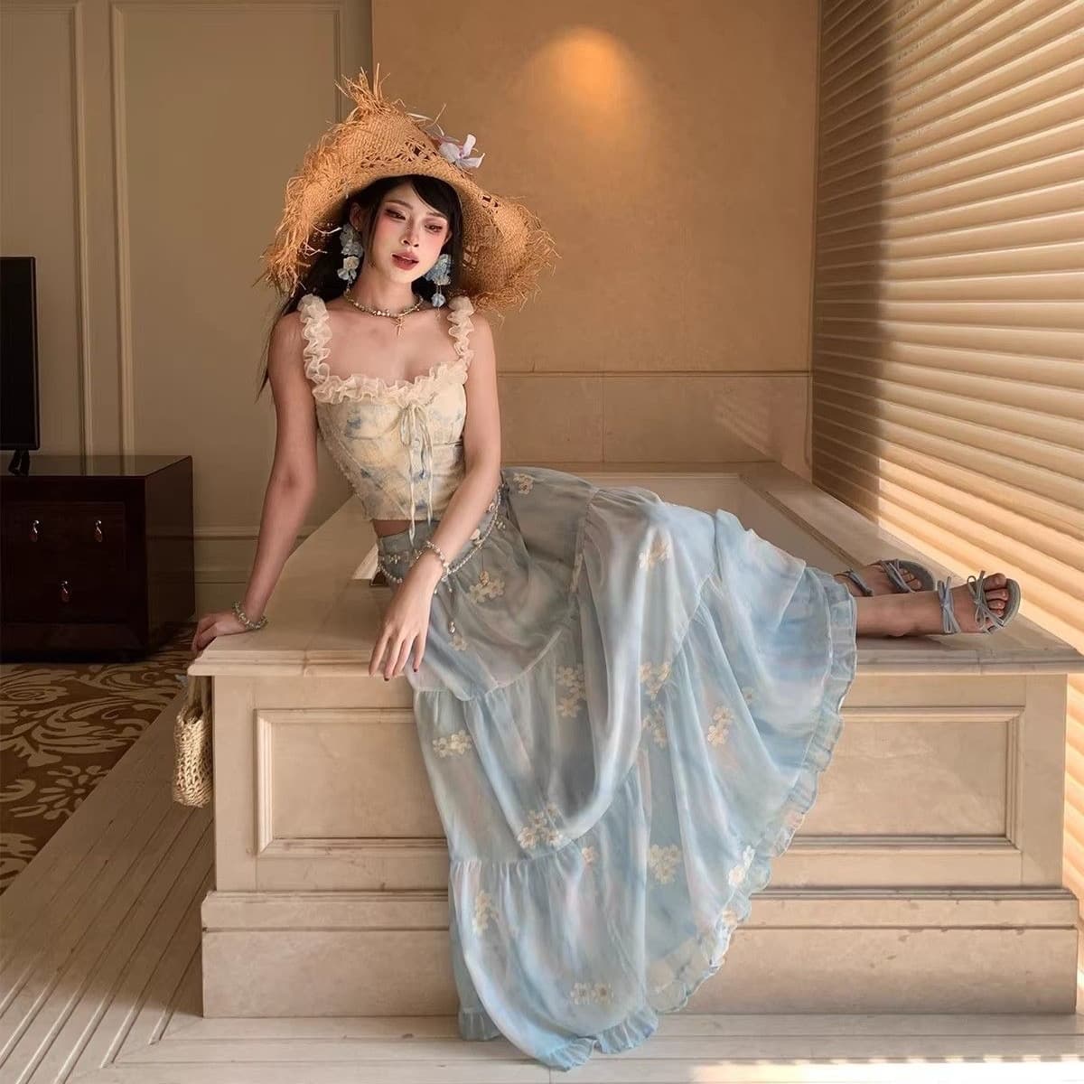 gege shop 꽃무늬 레이스 레이스 캐미솔 파란색 꽃 롱 코트 반신 스커트 휴가 착용 가져 가라. 이미지 6