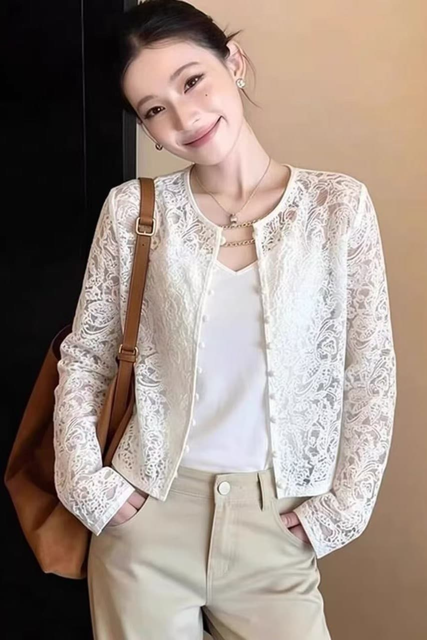 고유 한 슈퍼 잘 생긴 화이트 레이스 자외선 차단 짧은 여성 코트 봄 작은 키 고급 캐주얼 마이크로 ~을 통해 오픈 가디건 맨위 이미지 5