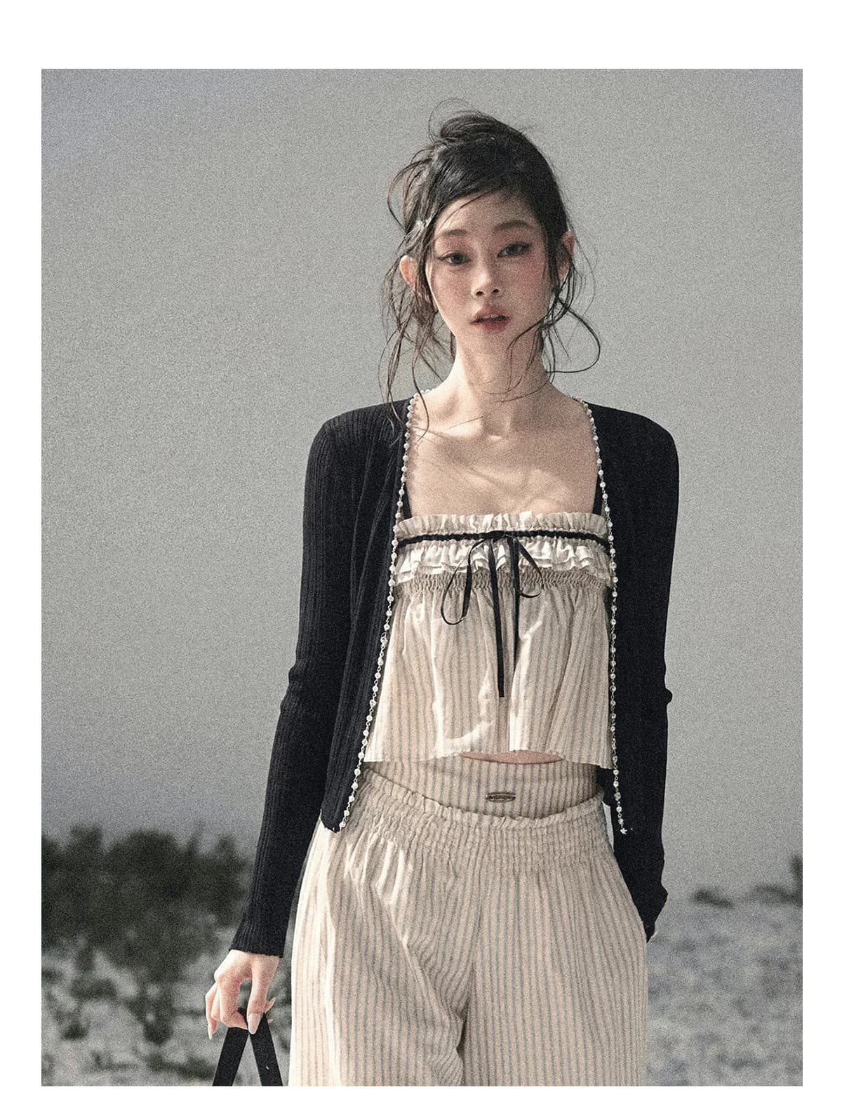 aomalm 덜 또한 눈 얕은 여름 제직 청 꿈 한 부서 캐주얼 스트라이프 세트 여성 여름 맨위 긴 바지 투피스 세트 상세 이미지 11