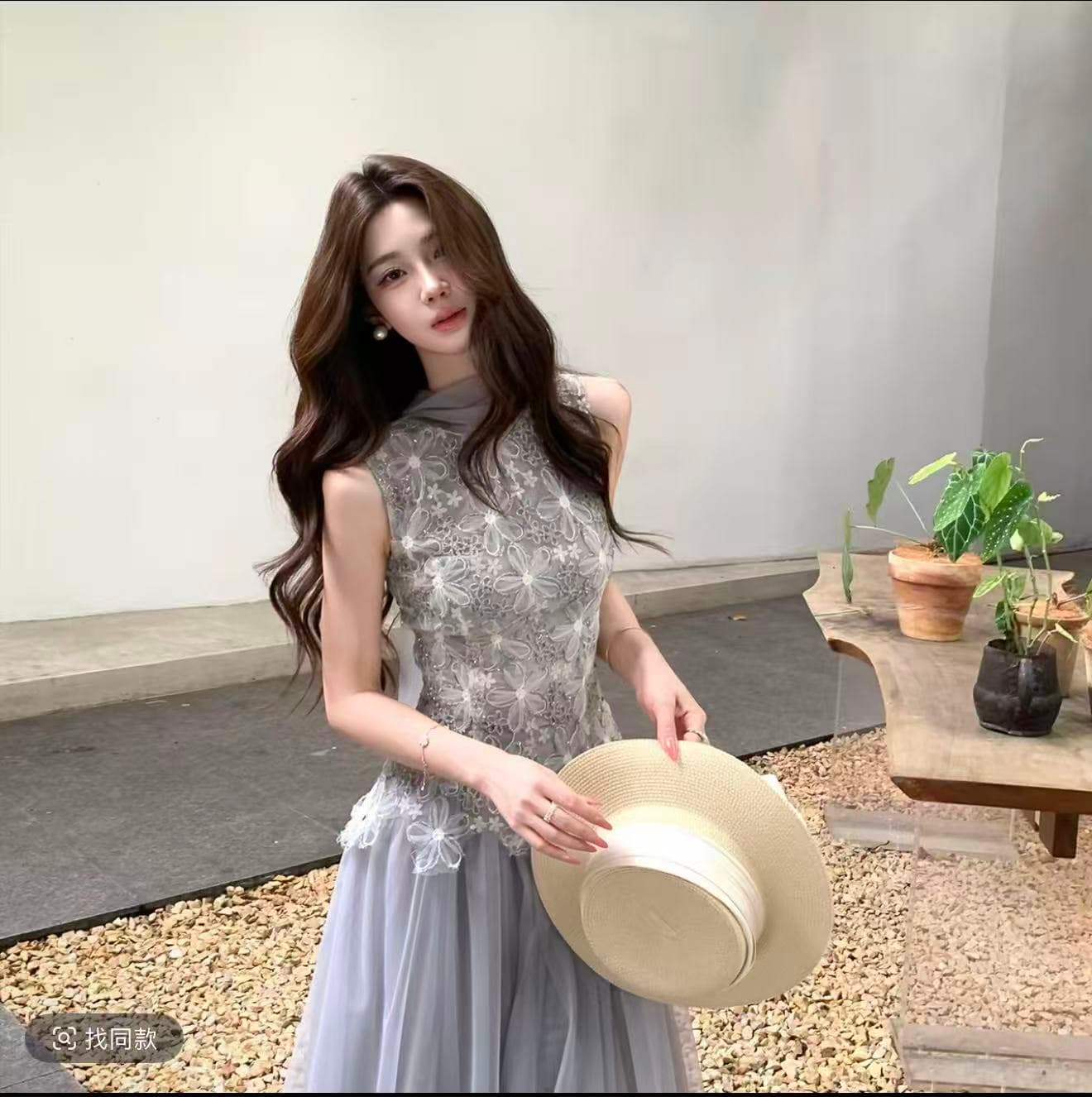 무쯔리 목자이 ~ 중 리 제직 밀가루 포함 꽃 감기 품격 3 차원 꽃잎 레이스 망사 패치워크 민소매 허리 수축 맨위