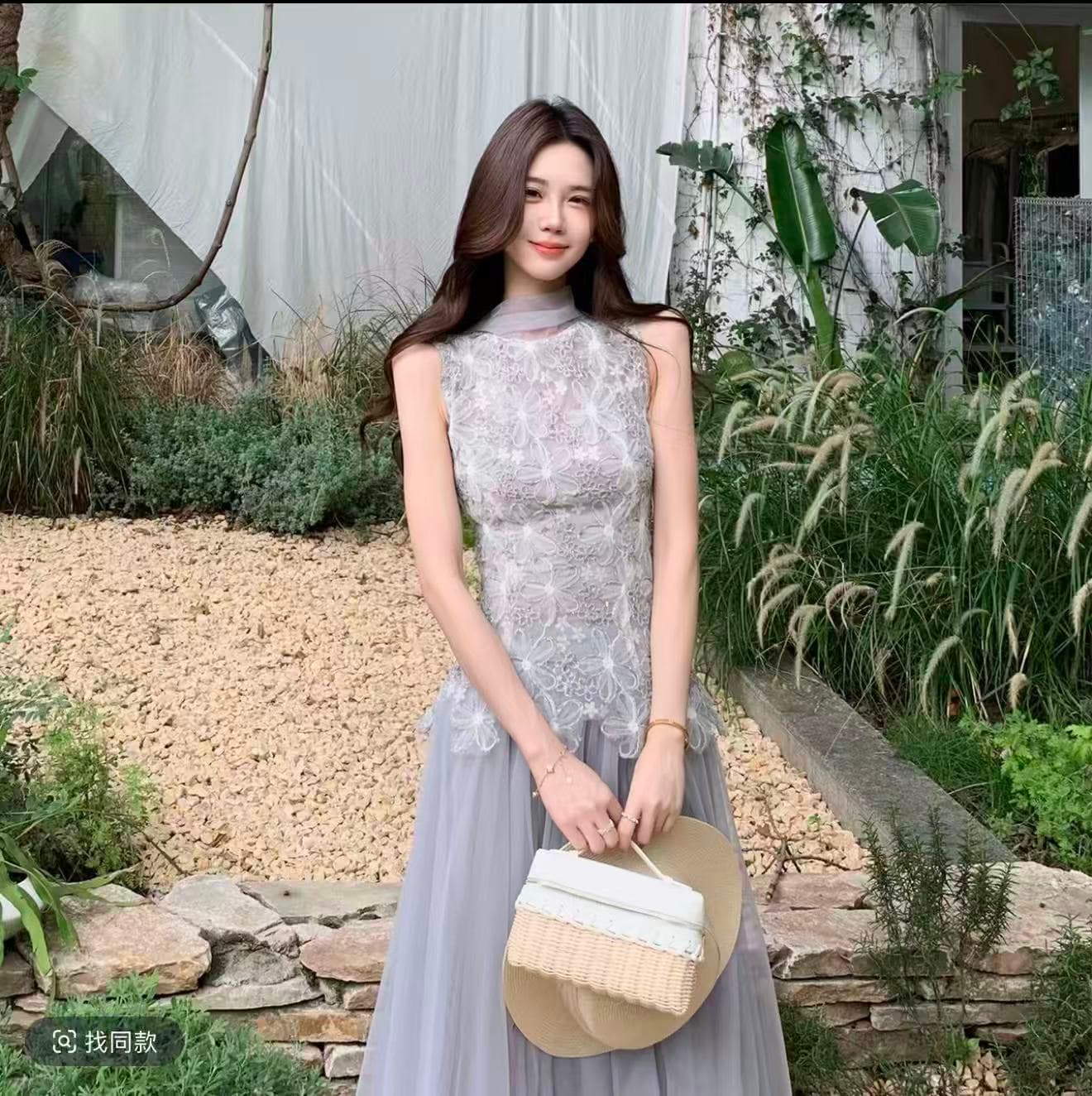 무쯔리 목자이 ~ 중 리 제직 밀가루 포함 꽃 감기 품격 3 차원 꽃잎 레이스 망사 패치워크 민소매 허리 수축 맨위 상세 이미지 4