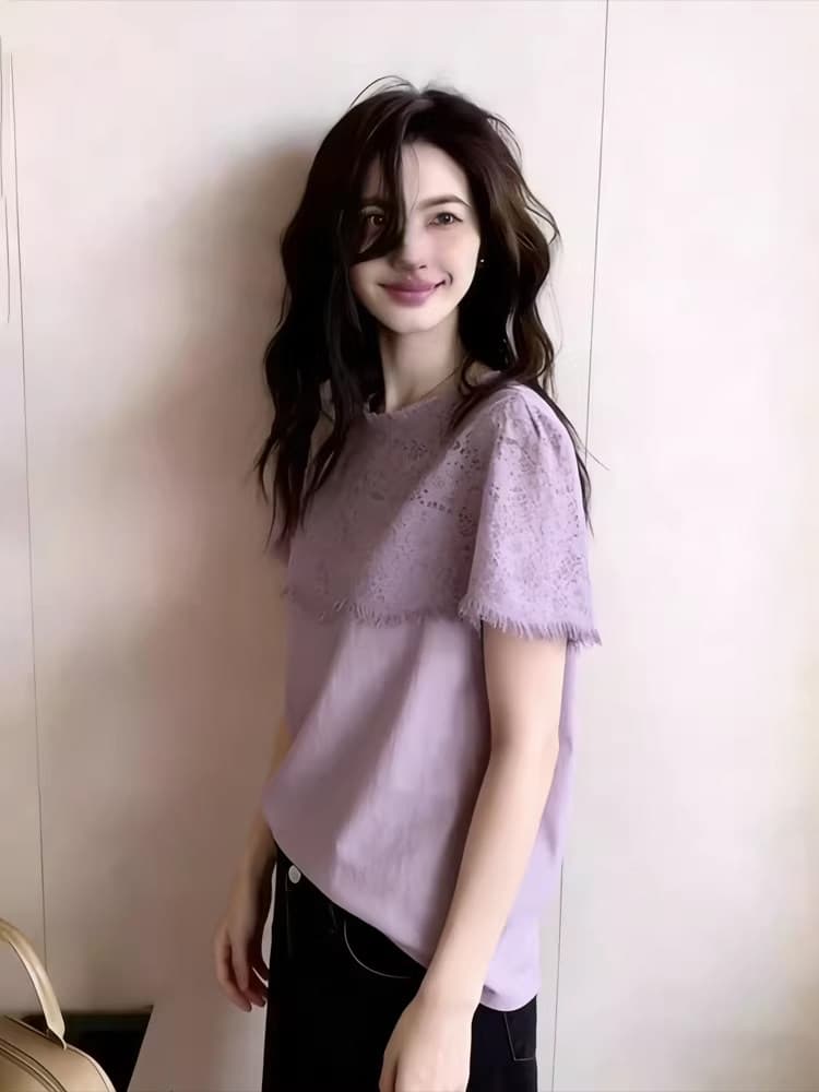 프랑스식 고유 한 보라색 레이스 조각 반팔 티셔츠 여성 여름 디자인 센스 작은 대중 아름다운 Chic 슬림해 보이는 맨위 이미지 4