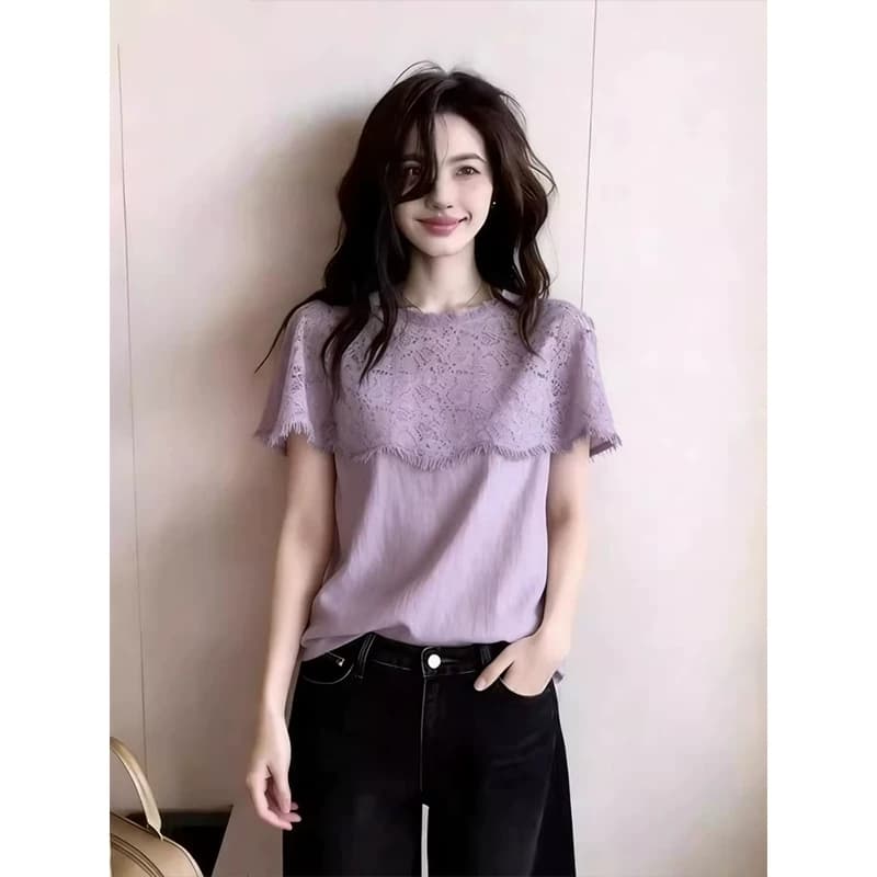프랑스식 고유 한 보라색 레이스 조각 반팔 티셔츠 여성 여름 디자인 센스 작은 대중 아름다운 Chic 슬림해 보이는 맨위 상세 이미지 2