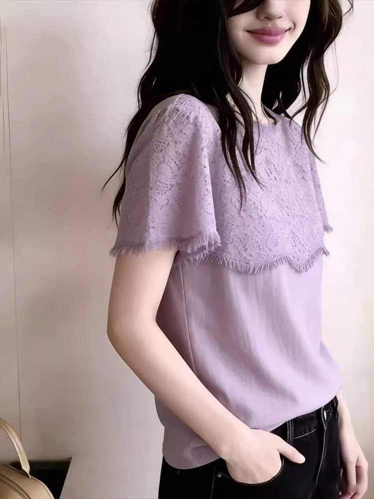 프랑스식 고유 한 보라색 레이스 조각 반팔 티셔츠 여성 여름 디자인 센스 작은 대중 아름다운 Chic 슬림해 보이는 맨위 상세 이미지 4