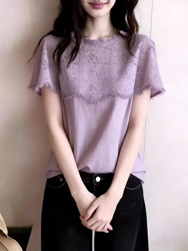 프랑스식 고유 한 보라색 레이스 조각 반팔 티셔츠 여성 여름 디자인 센스 작은 대중 아름다운 Chic 슬림해 보이는 맨위 상세 이미지 6
