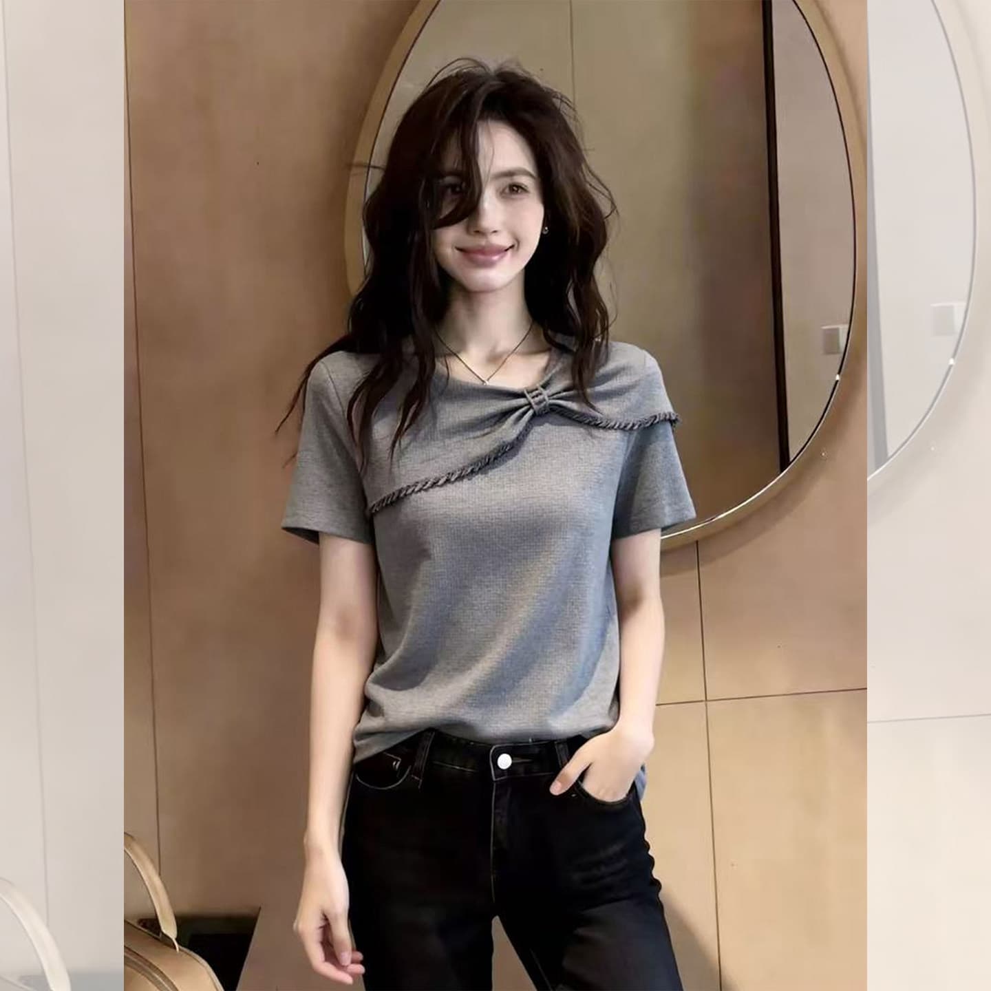 익스트림 제인 디자인 센스 오프숄더 반팔 티셔츠 여성 여름 새로운 회색 작은 대중 몸매 가꾸기 슬림해 보이는 다용도 맨위 상세 이미지 6